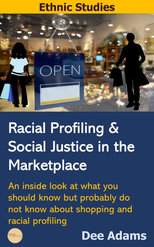 New Blue book cover with shoppers in front of a glass door for Racial Profiling & Social Justice in the Marketplace