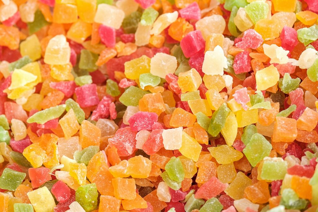 Yellow, Pink, Green display of gummy bears