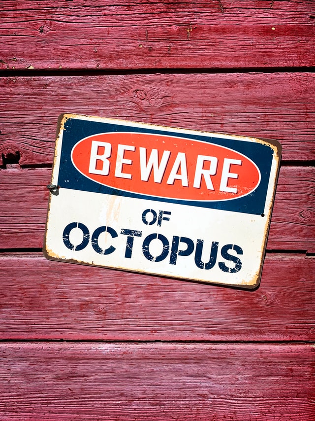 Warning sign on wall reads beware of octpus