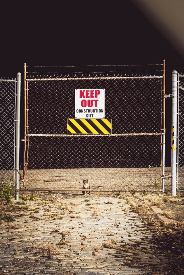 Keep out sign on gated outdoor construction site. But inside is a tiny kitter peering outward inside the business